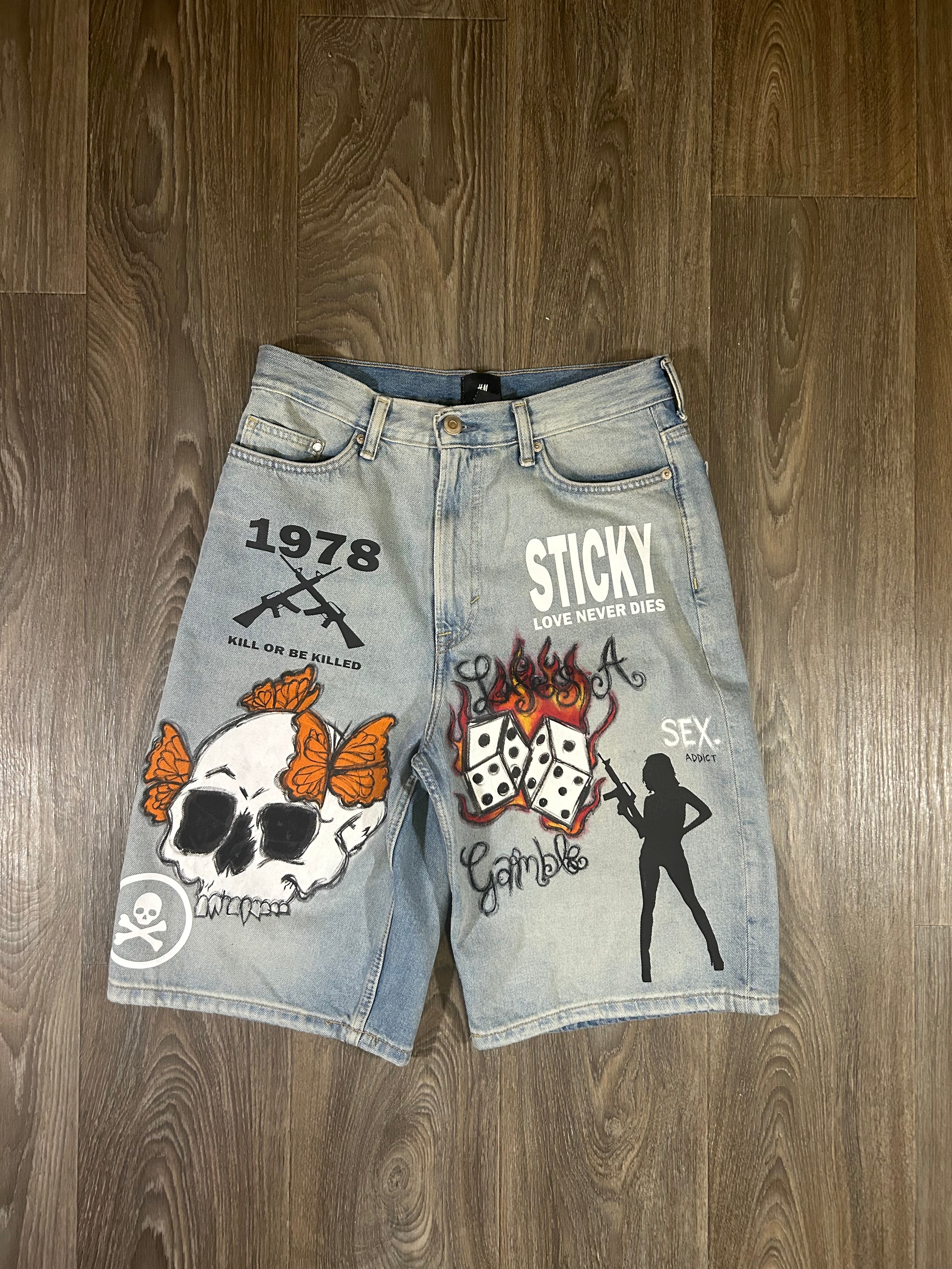 Sticky “Kill Or Be Killed” Denim Shorts